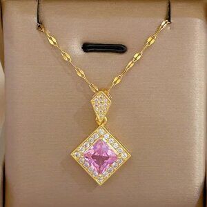 18K Gold Plated Stainless Steel Layered Zircon Pendant Necklace – Pink CZ